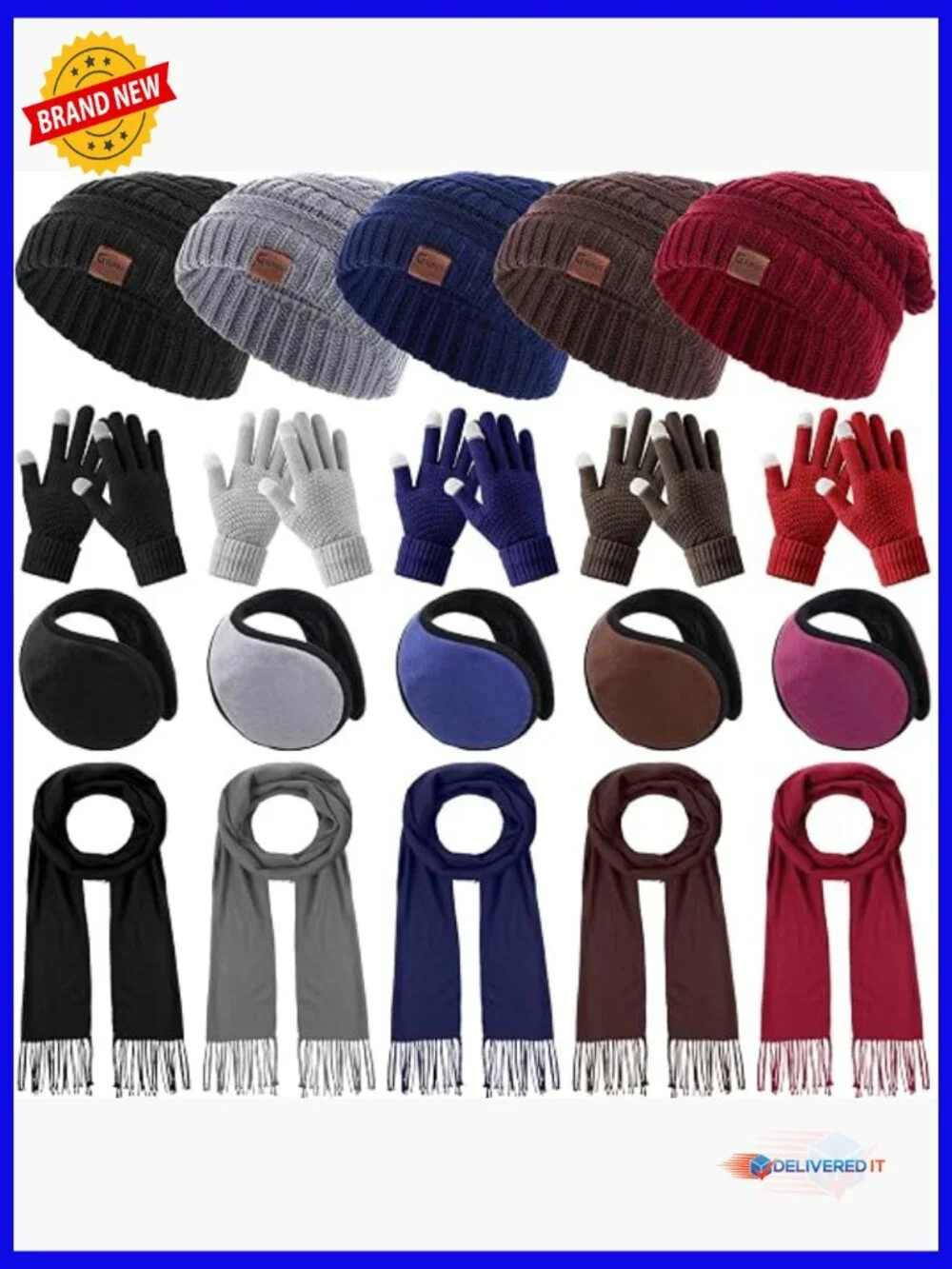 20-Piece Winter Hat Scarf Gloves & Ear Warmer Set Knit Beanie Touch Screen